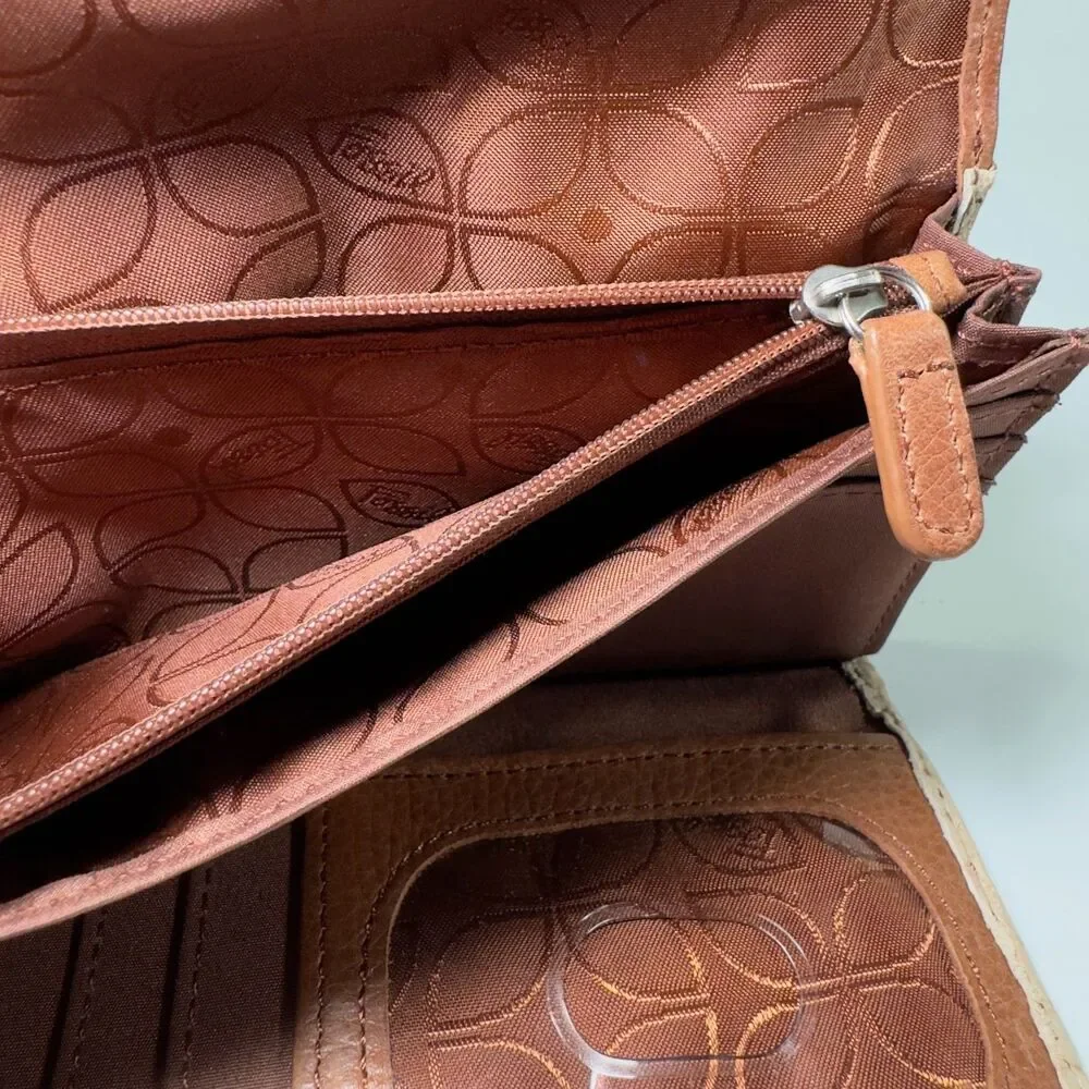 Fossil Wallet Brown Leather Snake Skin Pattern Card Holder Zipper Pockets NWOT